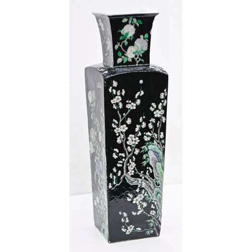 171 - A Chinese famille noire vase, late 19th - early 20th c, of square section, enamelled with lotus, chr... 