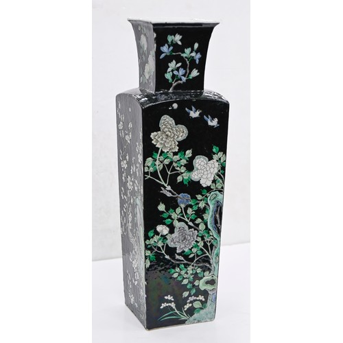 171 - A Chinese famille noire vase, late 19th - early 20th c, of square section, enamelled with lotus, chr... 