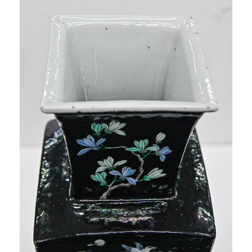 171 - A Chinese famille noire vase, late 19th - early 20th c, of square section, enamelled with lotus, chr... 