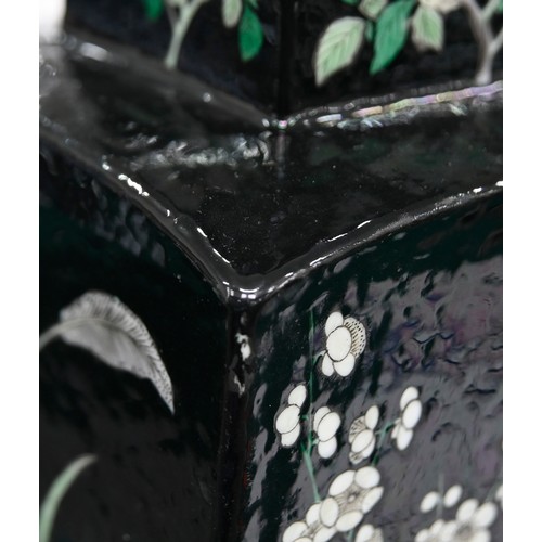 171 - A Chinese famille noire vase, late 19th - early 20th c, of square section, enamelled with lotus, chr... 