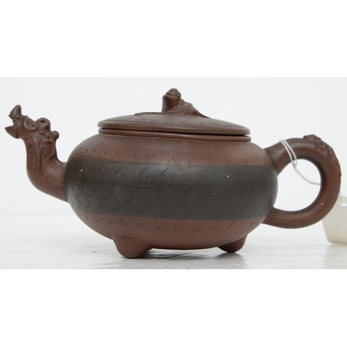 200 - A Chinese Yixing stoneware teapot and cover, 19th - 20th c, with zoomorphic spout and chilong knop, ... 