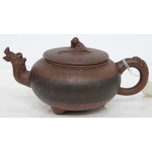 200 - A Chinese Yixing stoneware teapot and cover, 19th - 20th c, with zoomorphic spout and chilong knop, ... 