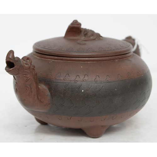 200 - A Chinese Yixing stoneware teapot and cover, 19th - 20th c, with zoomorphic spout and chilong knop, ... 