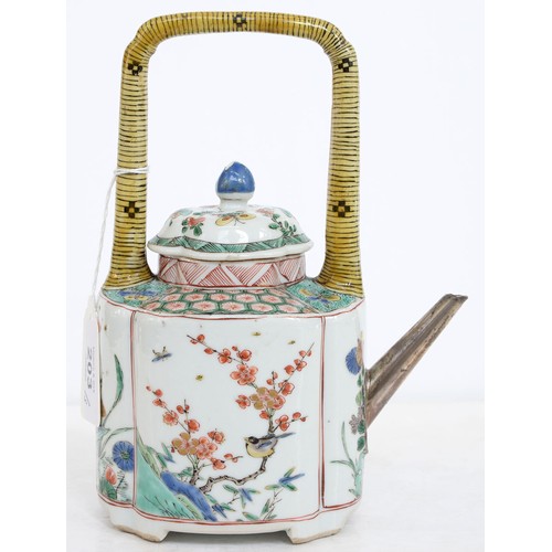 203 - A Chinese famille verte wine pot and cover, Kangxi period, enamelled and gilt with panels of floweri... 