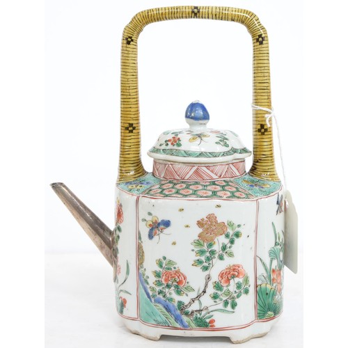 203 - A Chinese famille verte wine pot and cover, Kangxi period, enamelled and gilt with panels of floweri... 