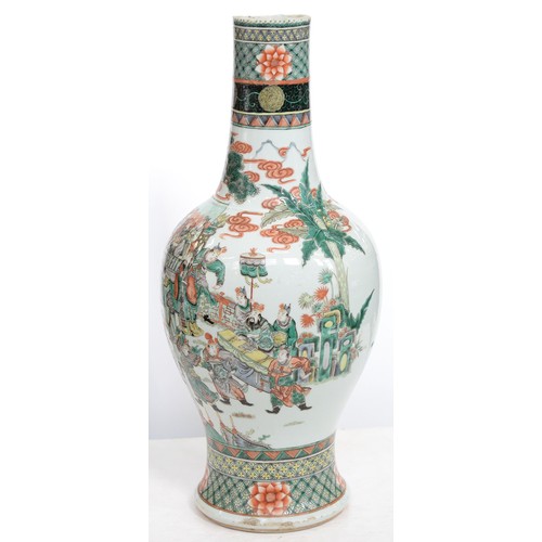 317 - A Chinese famille verte vase, 19th c, enamelled with two dignitaries and their retinue flanked by pl... 