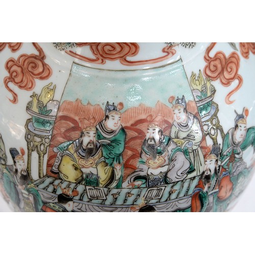 317 - A Chinese famille verte vase, 19th c, enamelled with two dignitaries and their retinue flanked by pl... 