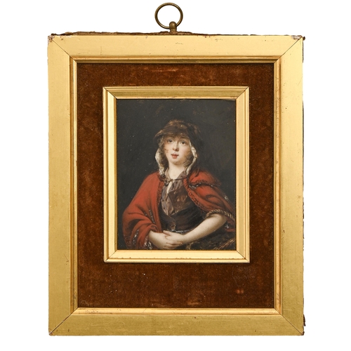 683 - English School, early 19th c - Portrait Miniature of a Young Woman, possibly an actress, in brown dr... 