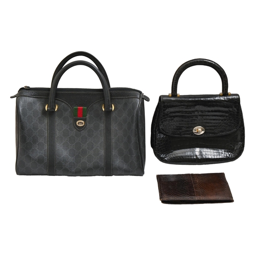 863 - Fashion accessories. A Gucci handbag, another handbag and a snakeskin wallet