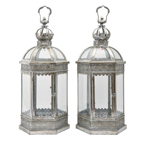 911 - A decorative pair of hexagonal metal hanging lanterns, 20th c, 62cm h excluding hook... 