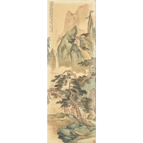 1127 - Chinese School, 20th c - Mountainscape, scroll painting, signed with seals, inscribed in callig... 