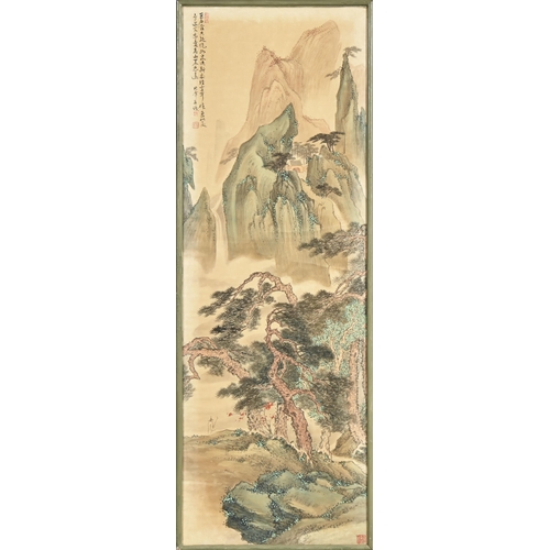 1127 - Chinese School, 20th c - Mountainscape, scroll painting, signed with seals, inscribed in callig... 