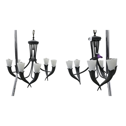 1153 - A pair of contemporary bronzed metal  six branch chandeliers, with frosted glass shades, 63 h exclud... 