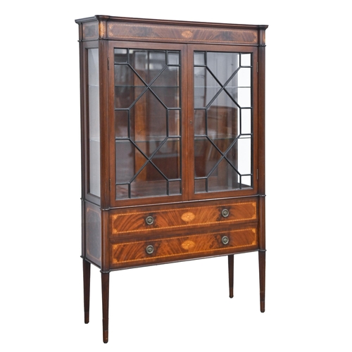 1195 - A Victorian mahogany, sabicu and satinwood china cabinet, c1900, the frieze decorated with inlaid pa... 