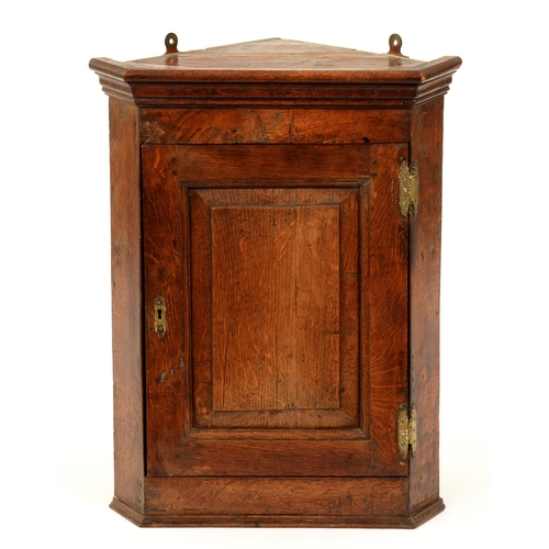 1220 - An oak corner cupboard, the door with raised and fielded panel and brass hinges, key, 63cm h; 32 x 4... 