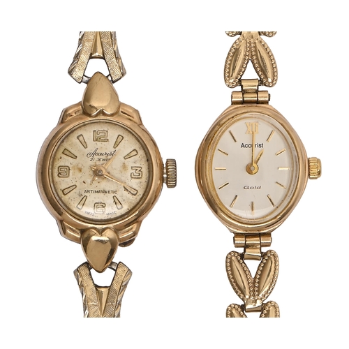 101 -  An Accurist 9ct gold oval wristwatch,  18mm, on 9ct gold bracelet, 10g and another Accurist 9ct gol... 