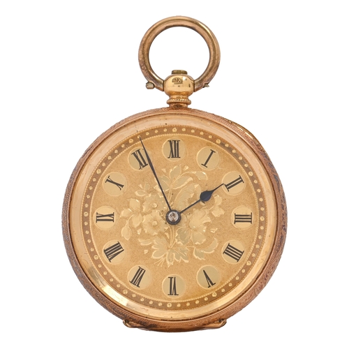 102 - A Swiss 18ct gold lady's watch, with cylinder escapement and engraved dial, in engraved case, base m... 