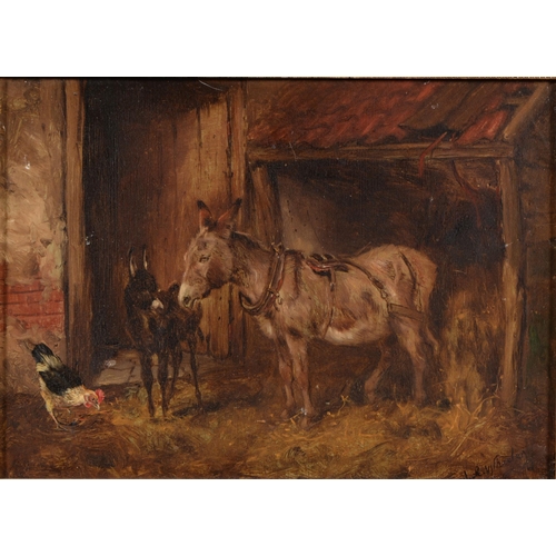 1021 - Victorian School - Donkey and Foal in a Stable, bears signature, oil on board 21cm x 29cm... 