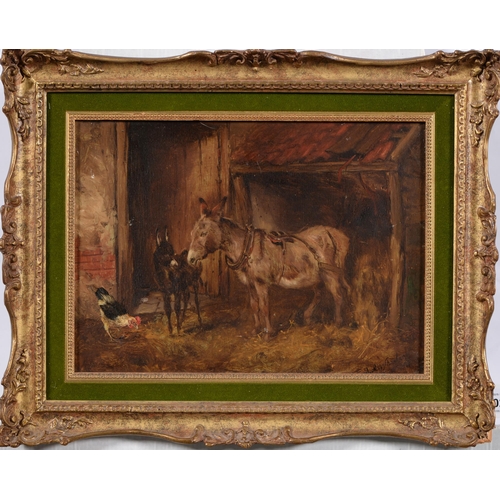 1021 - Victorian School - Donkey and Foal in a Stable, bears signature, oil on board 21cm x 29cm... 