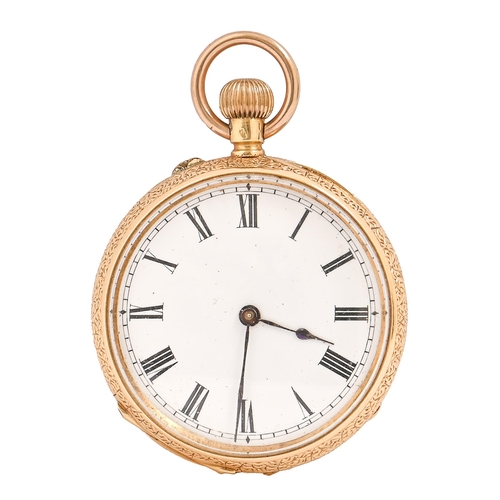 104 - A Swiss 18ct gold keyless cylinder lady's watch, in engraved case, gold cuvette, 38mm diam, 44.5g... 