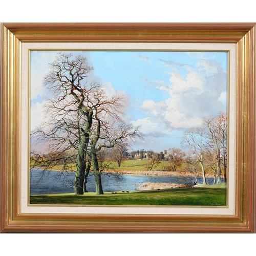 1045 - Peter Newcombe (1943-) - Fawsley from the Lakes,  signed and dated 2008, oil on board, 42.5 x 54.5cm... 