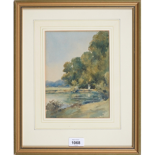 1068 - Sir Edward Guy Dawber RA (1861-1938) - Wooded Landscape with Angler,  watercolour, 21.5 x 15.5cm... 