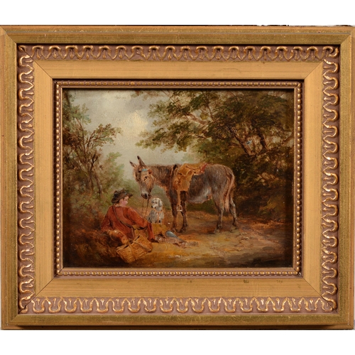 1077 - English School, 19th century - A Tinker resting on a Country Road with his Dog and Donkey,  oil... 