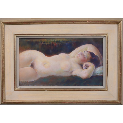 1085 - 20th Century School - Reclining Nude,  indistinctly signed, pastel, 24 x 42.5cm... 