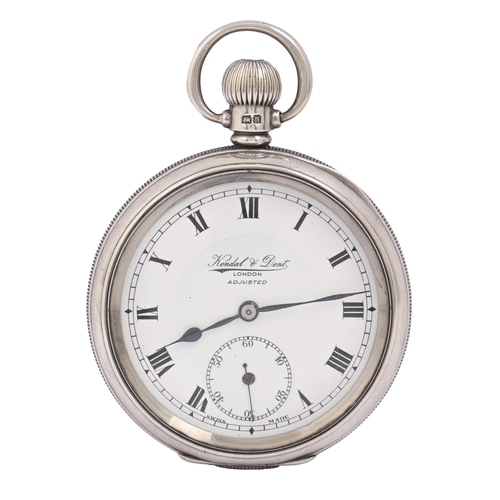 109 - A silver keyless lever watch, Kendal & Dent London, Swiss 21 jewel movement, plain case with sil... 