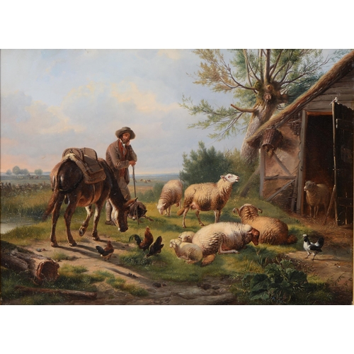 1090 - Belgian School, 19th c - Sheep in a Landscape with Poultry and a Man beside a Mule, bears signature,... 