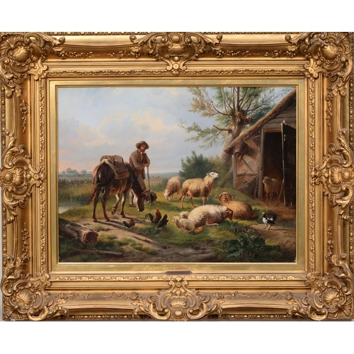 1090 - Belgian School, 19th c - Sheep in a Landscape with Poultry and a Man beside a Mule, bears signature,... 