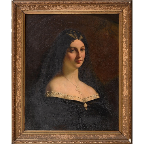 1094 - English School, 19th c - Portrait of Clara Swinfen, nee Bickham, bust length in lace trimmed black d... 