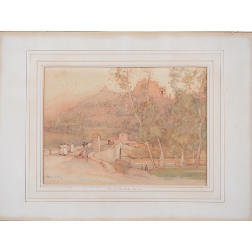 1104 - Sir Alfred East RA, RE (1849-1913) - Figures on a Bridge, signed watercolour, 25cm x 34.5cm, unframe... 