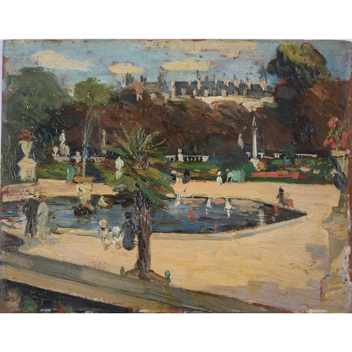 1109 - English School, early 20th century - Pond Scene in a Continental Park, oil sketch on panel, 14cm x 1... 