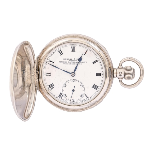 114 - A hunting cased silver keyless lever watch, Kendal & Dent London Makers to the Admiralty / The K... 