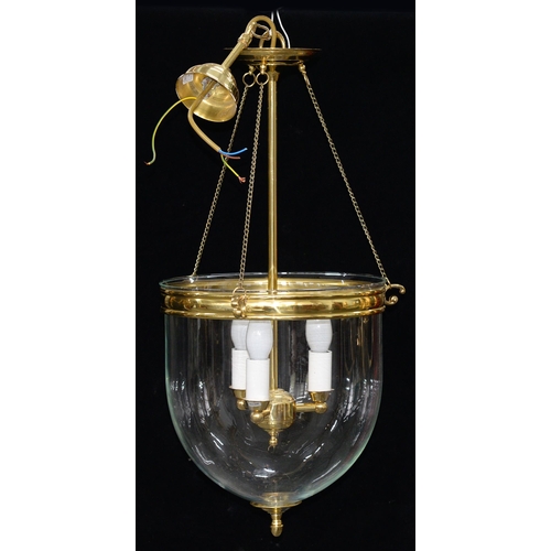 1141 - A brass and glass hanging hall light,  of recent manufacture, in George III style with three light p... 