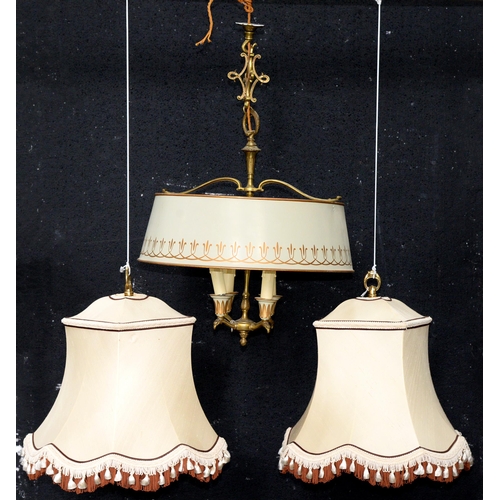 1144 - An Empire style gilt lacquered brass chandelier with tole shade, 20th c, 70cm h  and a pair of silk ... 
