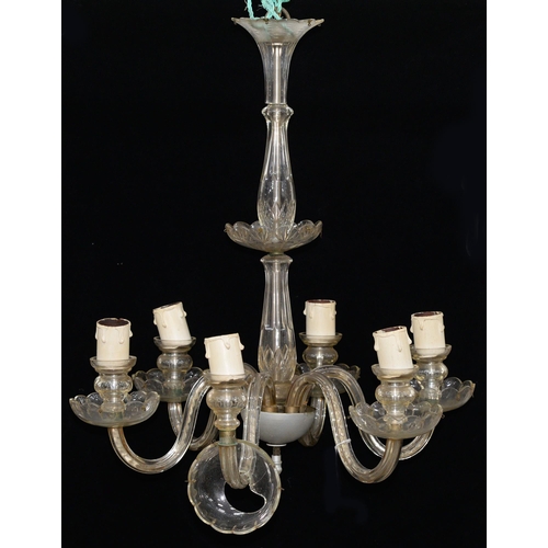 1151 - A glass  chandelier of six lights, 20th c,  60cm h and a set of three glass wall lights (4)... 