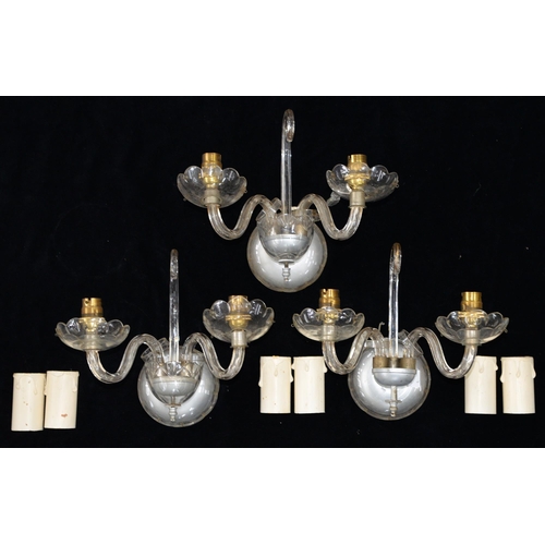 1151 - A glass  chandelier of six lights, 20th c,  60cm h and a set of three glass wall lights (4)... 