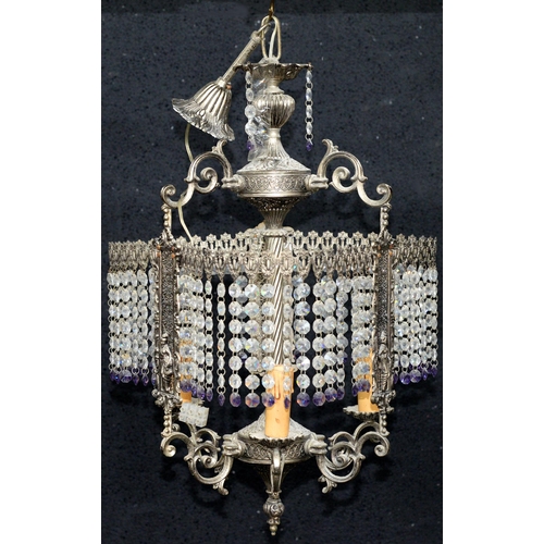 1152 - A plated metal chandelier, mid 20th c, fringed with clear and amethyst glass beads, 52cm h... 