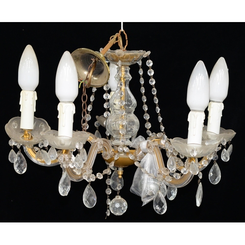 1155 - A gilt lacquered metal and glass chandelier of five lights, late 20th c,  35cm h