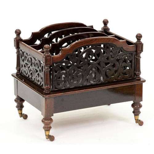 1191 - A Victorian rosewood canterbury,  with fretwork sides and brass socket castors, 48cm h; 40 x 56cm... 