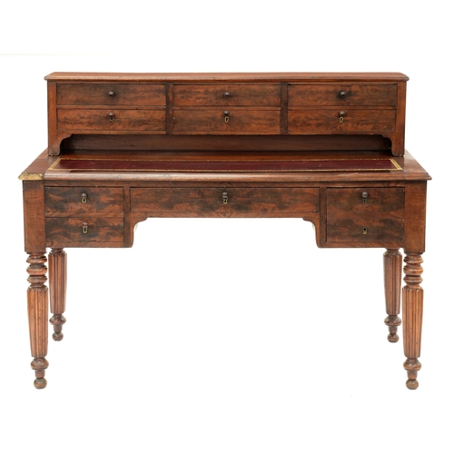 1196 - A Northern European mahogany desk, 19th c, with six-drawer superstructure and leather inlet top, fit... 