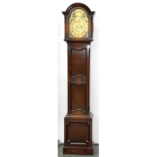 1197 - An oak longcase clock, early 20th c,  with lacquered brass dial, German three train movement chiming... 