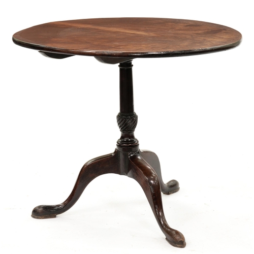 1208 - A George II mahogany tripod table, the turned pillar with wrythen fluted knop, on pad feet, 70cm h; ... 