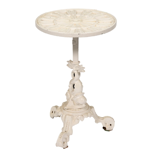1211 - A cast iron garden table, 20th c, the wheel shaped top on dolphin support and three scroll feet, 71c... 