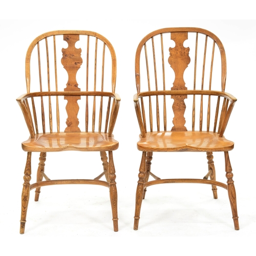 1214 - Two ash Windsor armchairs, 20th c,  with burr ash splat and elm seat, 104cm  h
