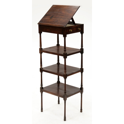 1215 - A George IV mahogany music stand or whatnot, with hinged top and side-drawer with fitted interior an... 