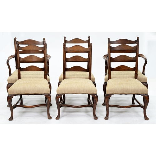 1217 - A set of six fruitwood and walnut dining chairs,  the ladder back with leaf carved terminals, on cab... 