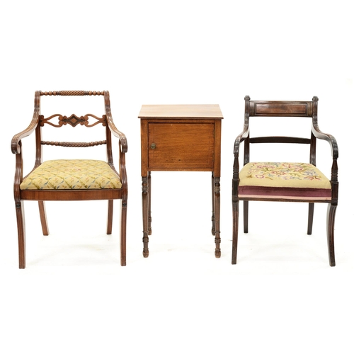 1227 - Two George IV  mahogany elbow chairs, on sabre legs, and a contemporary mahogany pot cupboard, 77cm ... 